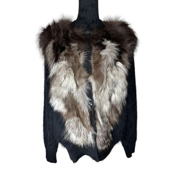 Connie A Lee Womens Brown Black Fox Fur Button Front Cardigan Sweater Jacket M/L - Picture 1 of 13
